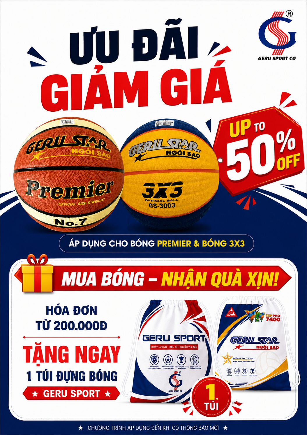 Chương trình ưu đãi giảm giá bóng Premier và bóng 3x3 tại Geru Sport Vietnam Sport Show 2026.